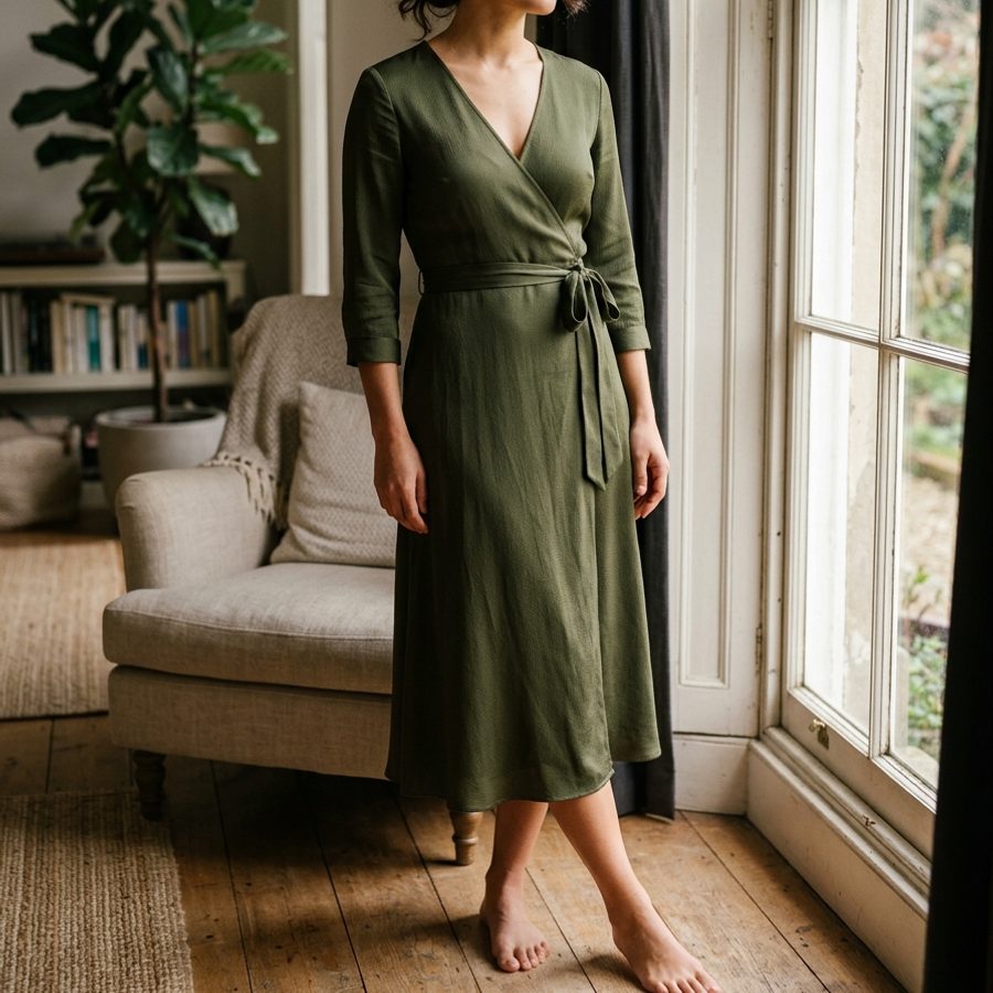 A dress worn beside a window in a styled room