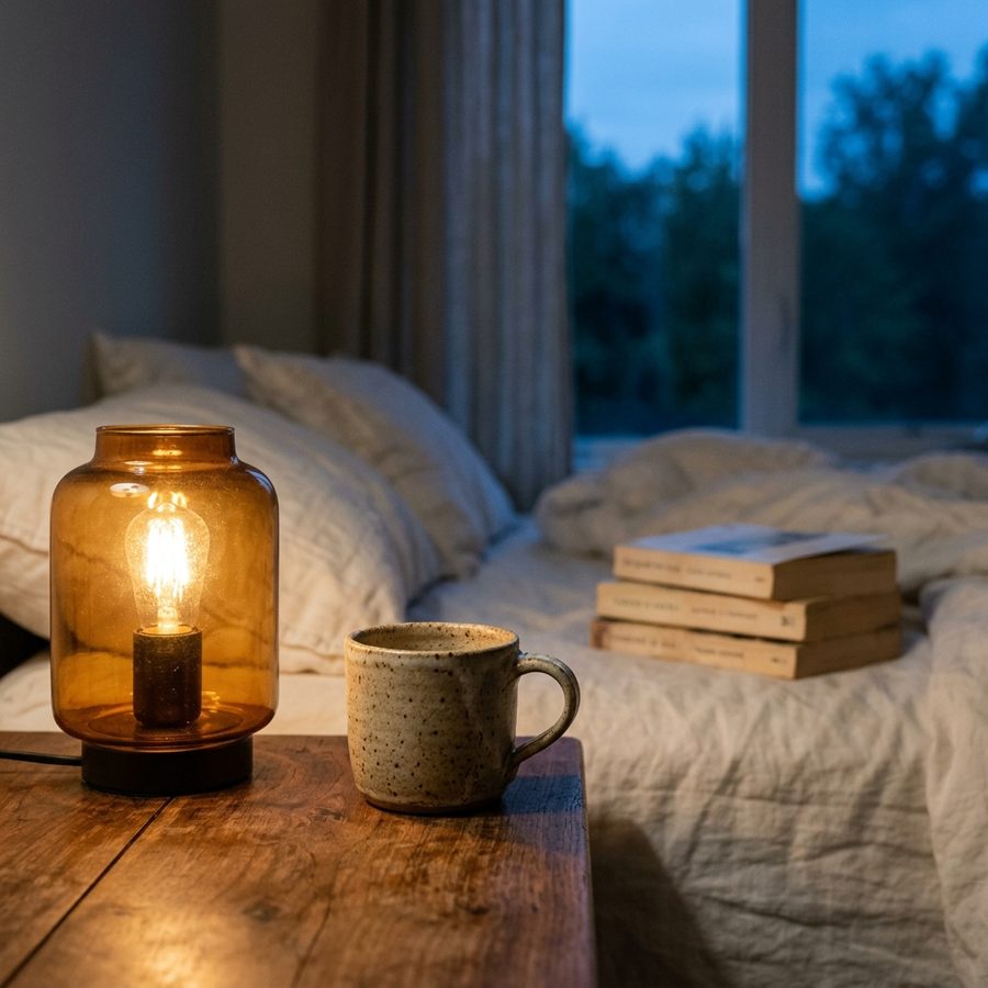 A ceramic cup on a lamp-lit bedside table