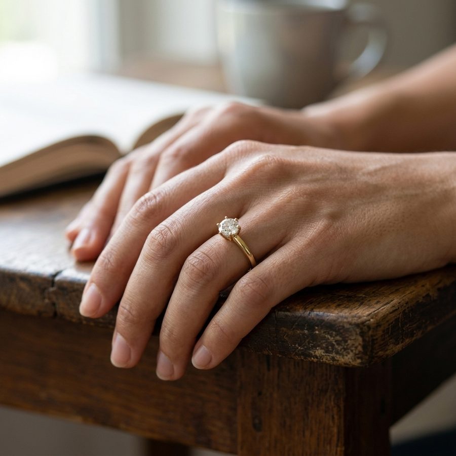 A ring on a hand resting on a wooden table