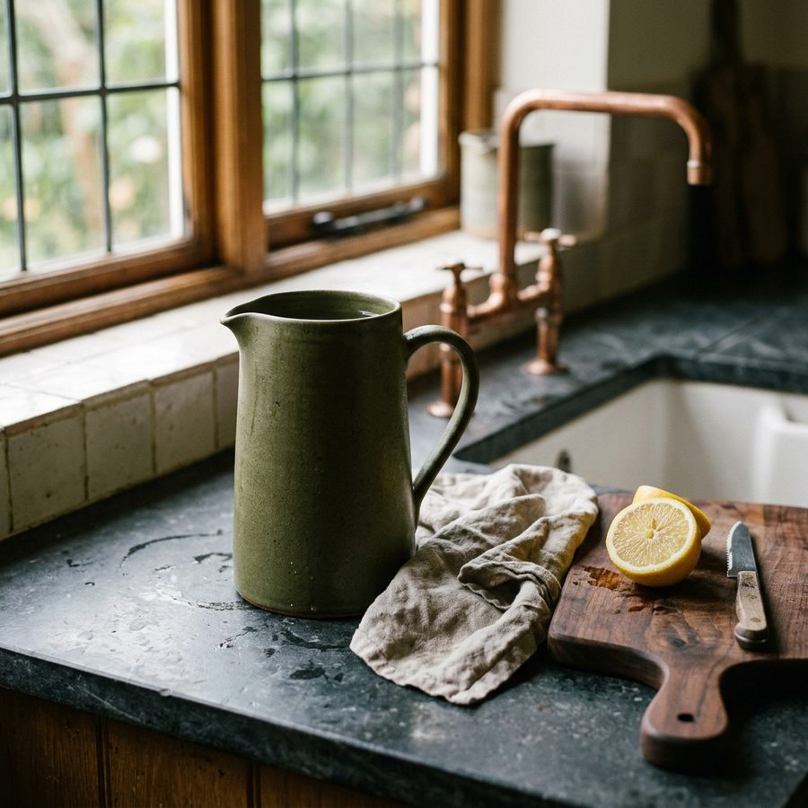 A stoneware pitcher on a kitchen worktop