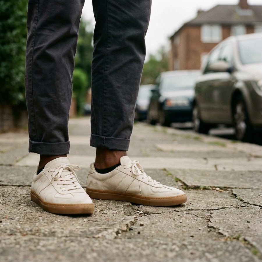 Sneakers photographed on a neighbourhood sidewalk