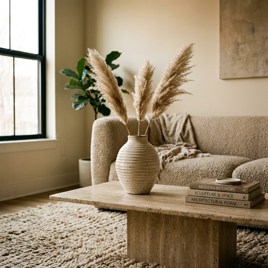 A ceramic vase styled in a sunlit living room