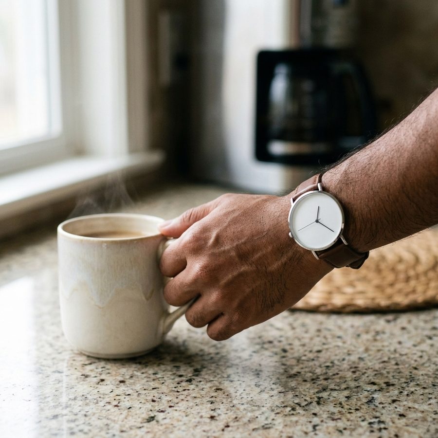 A wristwatch worn beside a morning coffee